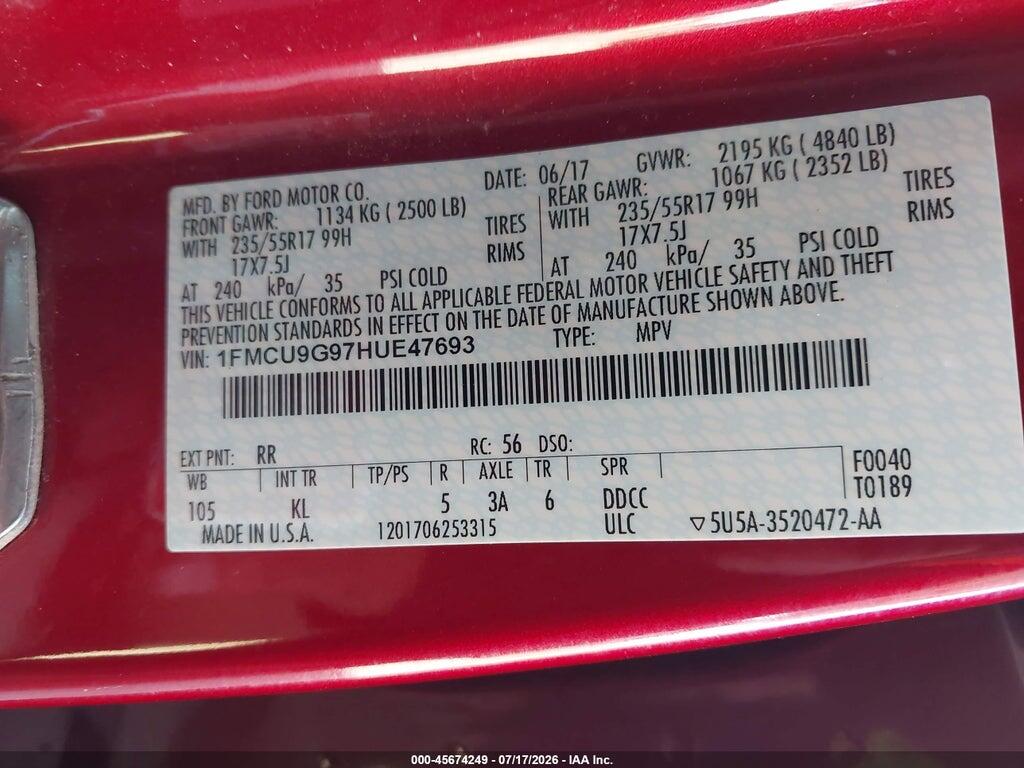 1FMCU9G97HUE47693 2017 FORD ESCAPE photo no. 9