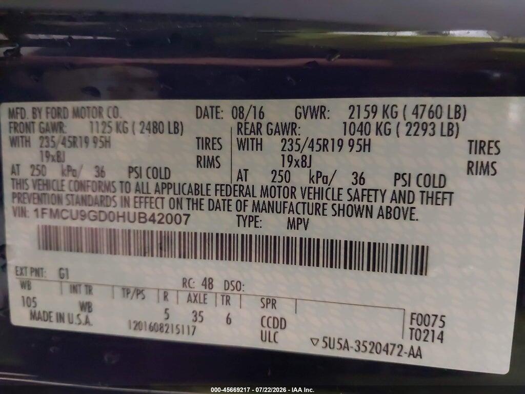 1FMCU9GD0HUB42007 2017 FORD ESCAPE photo no. 9