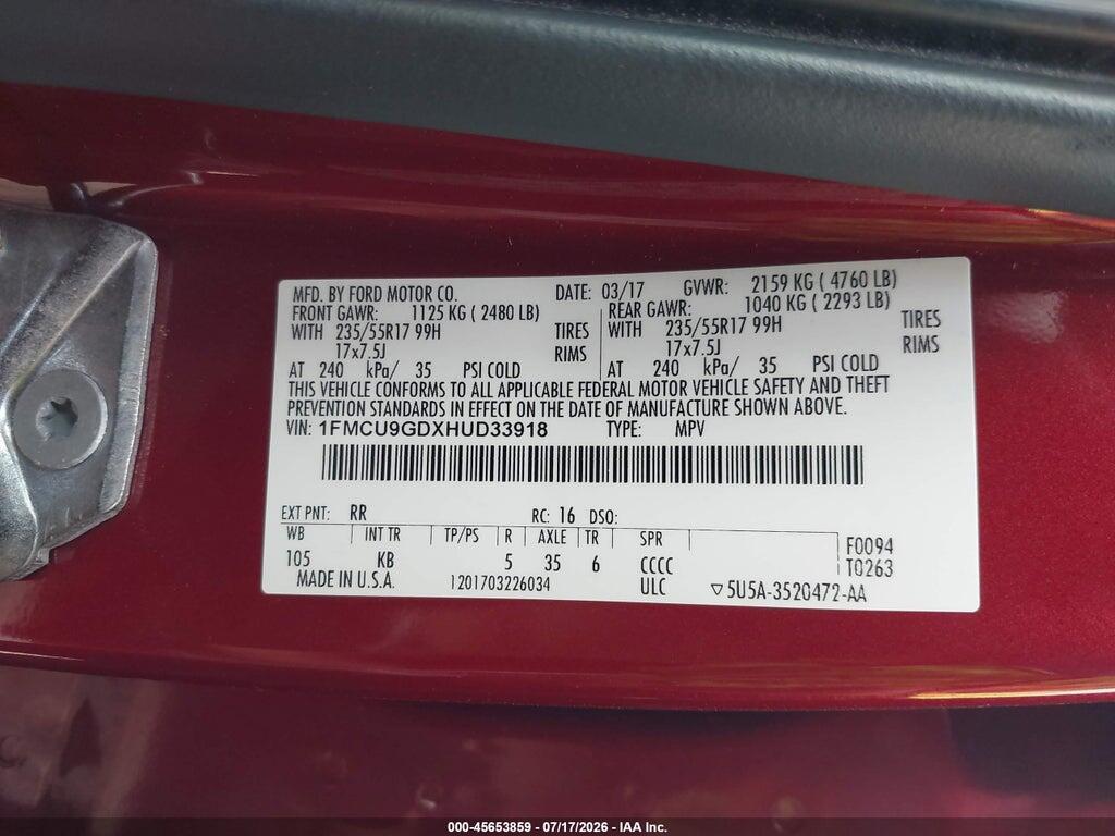 1FMCU9GDXHUD33918 2017 FORD ESCAPE photo no. 9