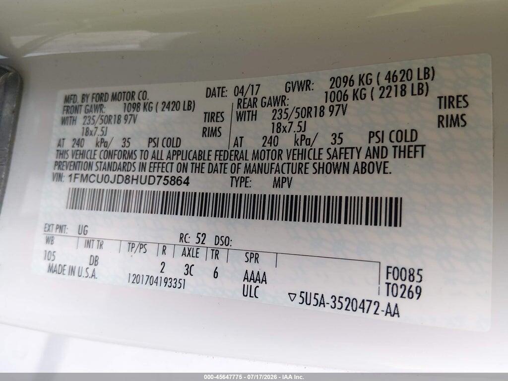 1FMCU0JD8HUD75864 2017 FORD ESCAPE photo no. 9