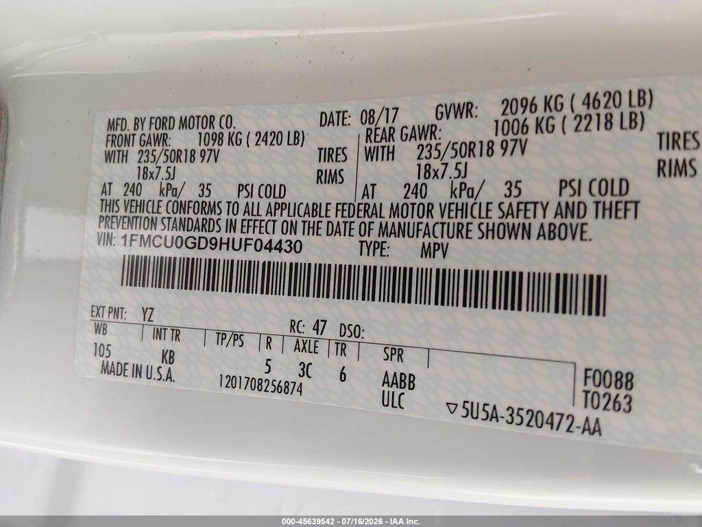 1FMCU0GD9HUF04430 2017 FORD ESCAPE photo no. 9