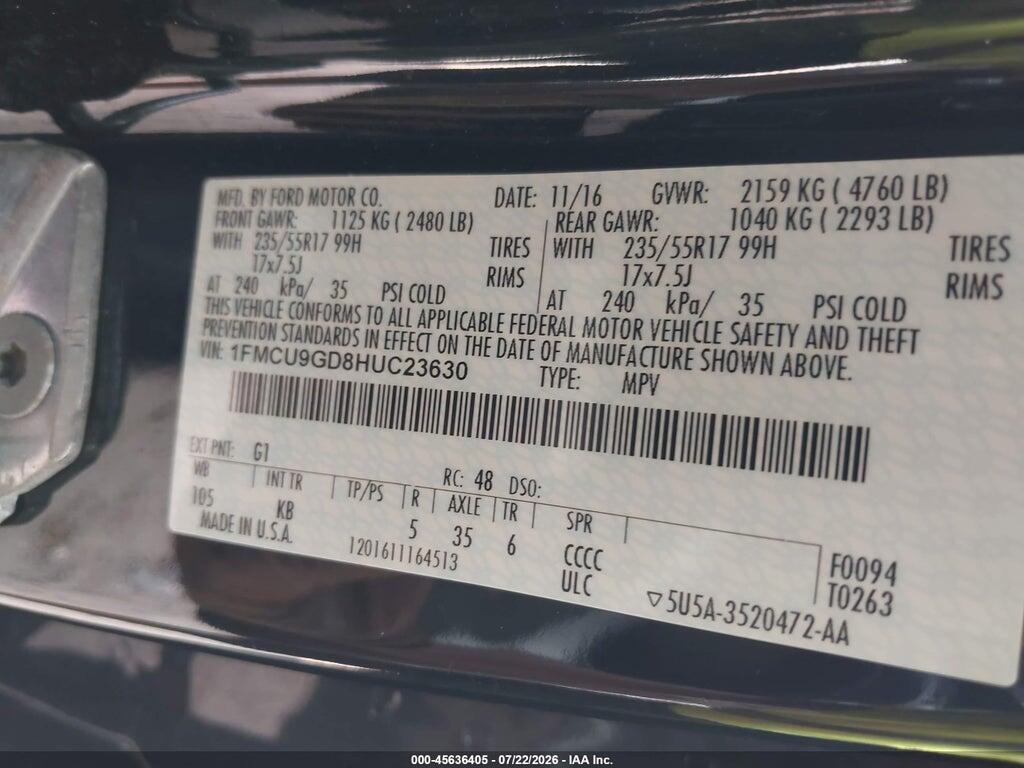 1FMCU9GD8HUC23630 2017 FORD ESCAPE photo no. 9