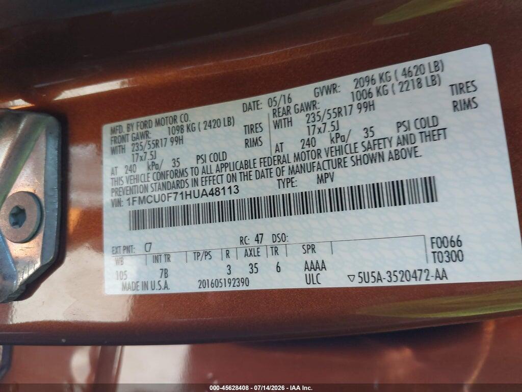 1FMCU0F71HUA48113 2017 FORD ESCAPE photo no. 9