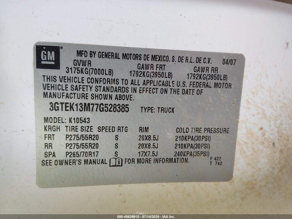 3GTEK13M77G528385 2007 GMC SIERRA 1500 photo no. 9