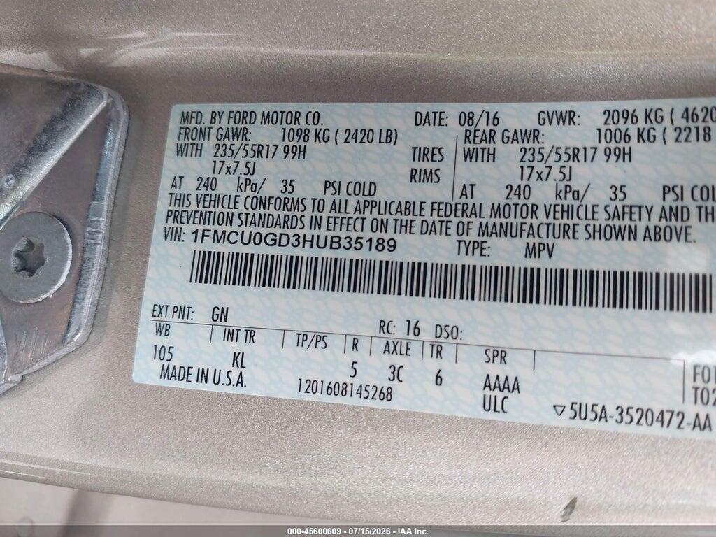 1FMCU0GD3HUB35189 2017 FORD ESCAPE photo no. 9