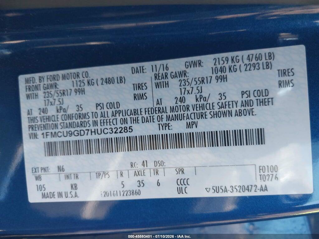 1FMCU9GD7HUC32285 2017 FORD ESCAPE photo no. 9