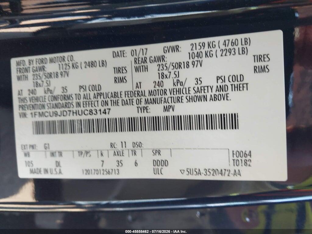 1FMCU9JD7HUC83147 2017 FORD ESCAPE photo no. 9