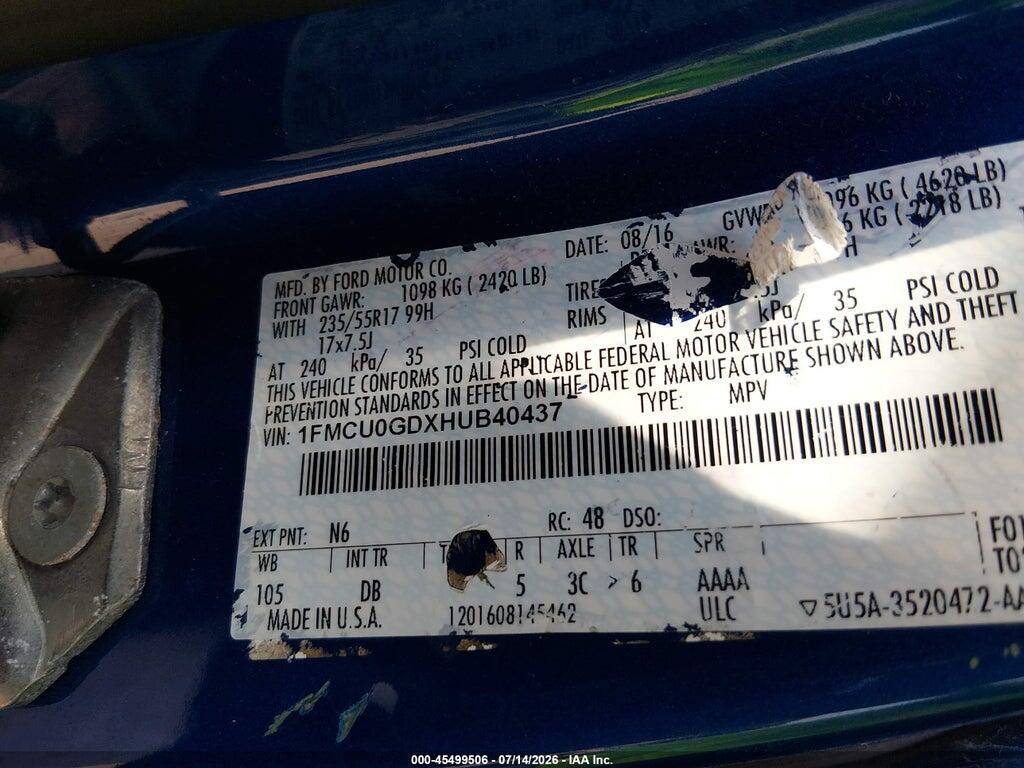 1FMCU0GDXHUB40437 2017 FORD ESCAPE photo no. 9