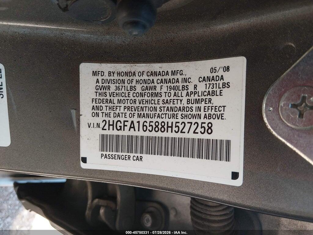 2HGFA16588H527258 2008 HONDA CIVIC photo no. 9