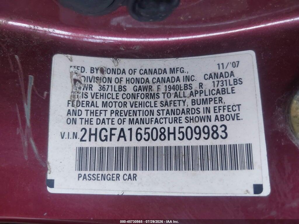 2HGFA16508H509983 2008 HONDA CIVIC photo no. 9