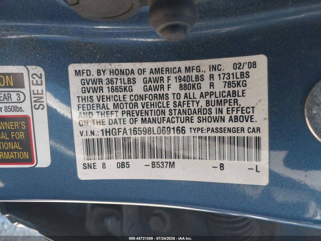 1HGFA16598L069166 2008 HONDA CIVIC photo no. 9