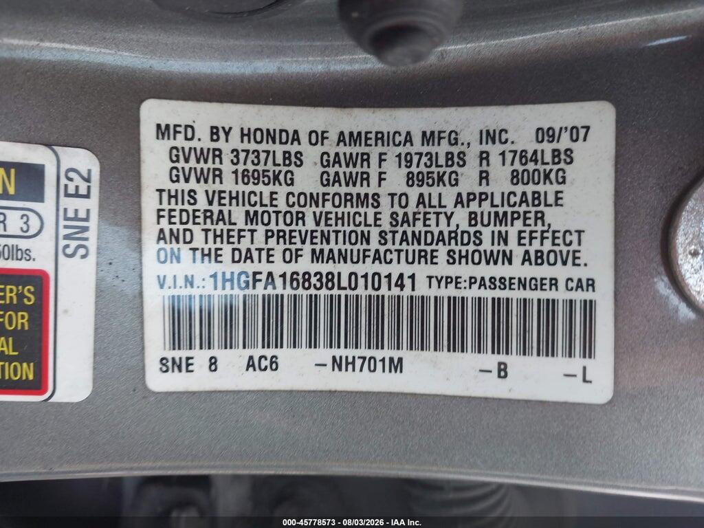 1HGFA16838L010141 2008 HONDA CIVIC photo no. 9