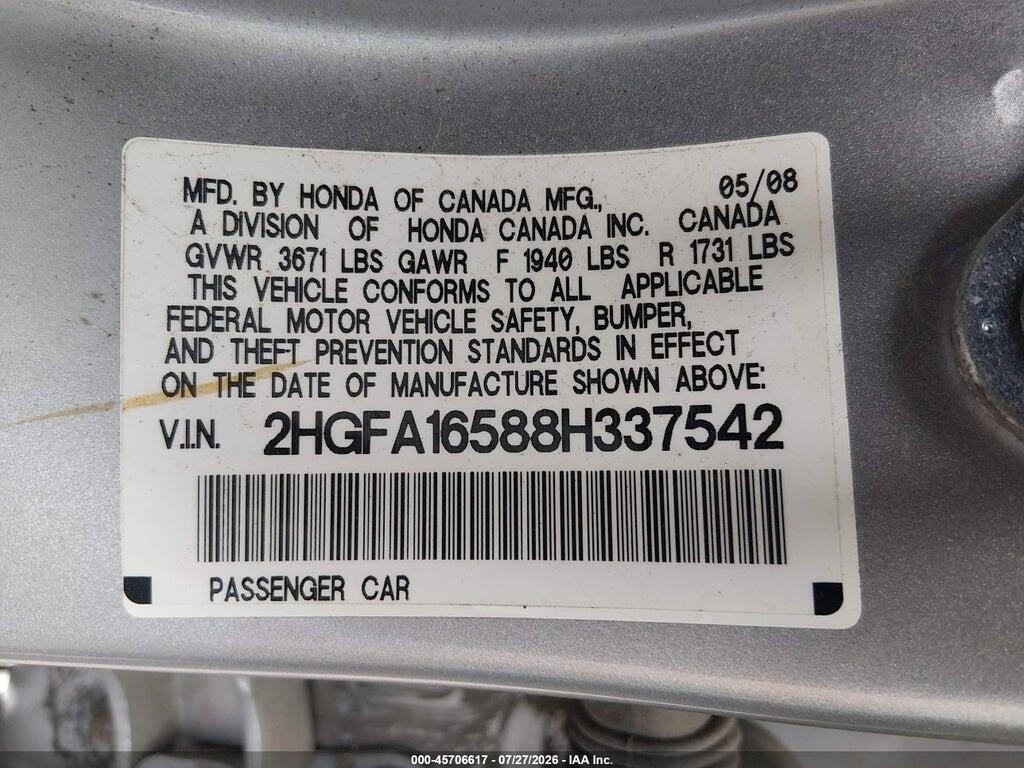 2HGFA16588H337542 2008 HONDA CIVIC photo no. 9