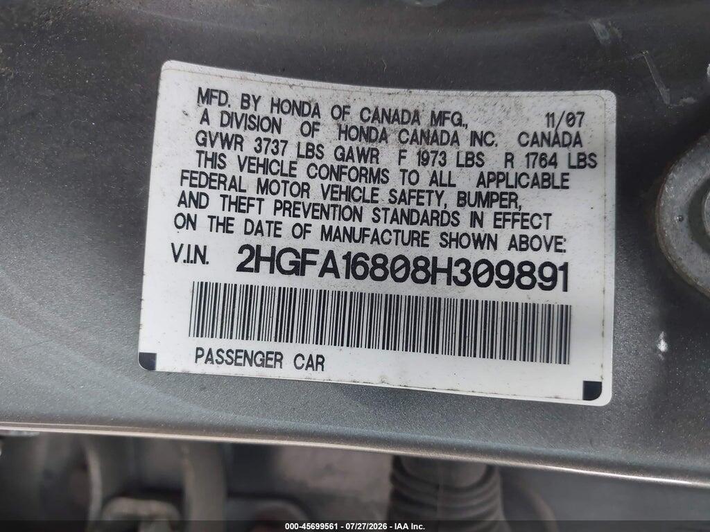 2HGFA16808H309891 2008 HONDA CIVIC photo no. 9