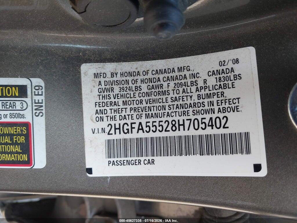 2HGFA55528H705402 2008 HONDA CIVIC photo no. 9