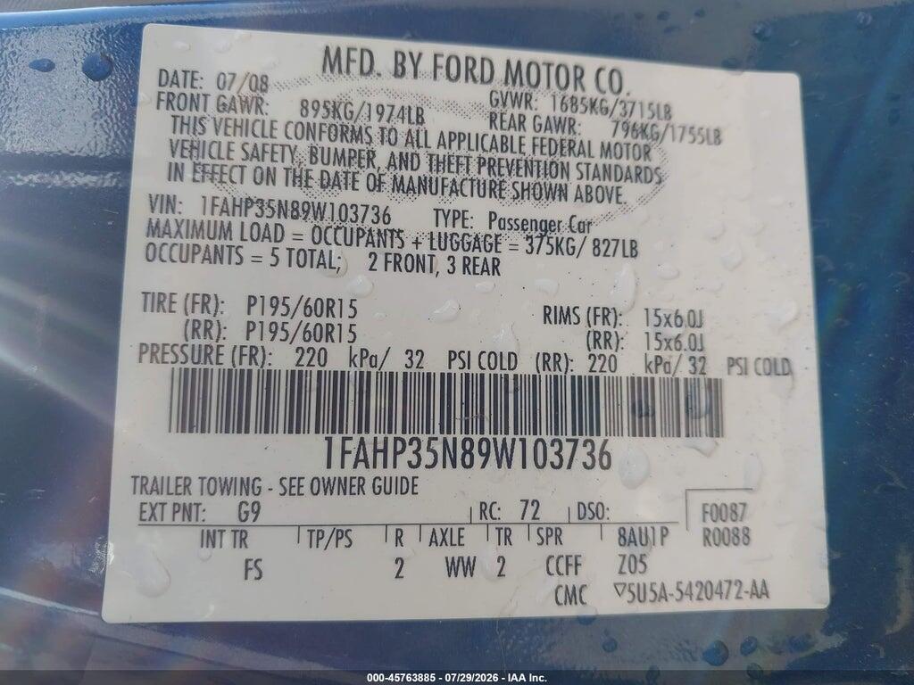 1FAHP35N89W103736 2009 FORD FOCUS photo no. 9