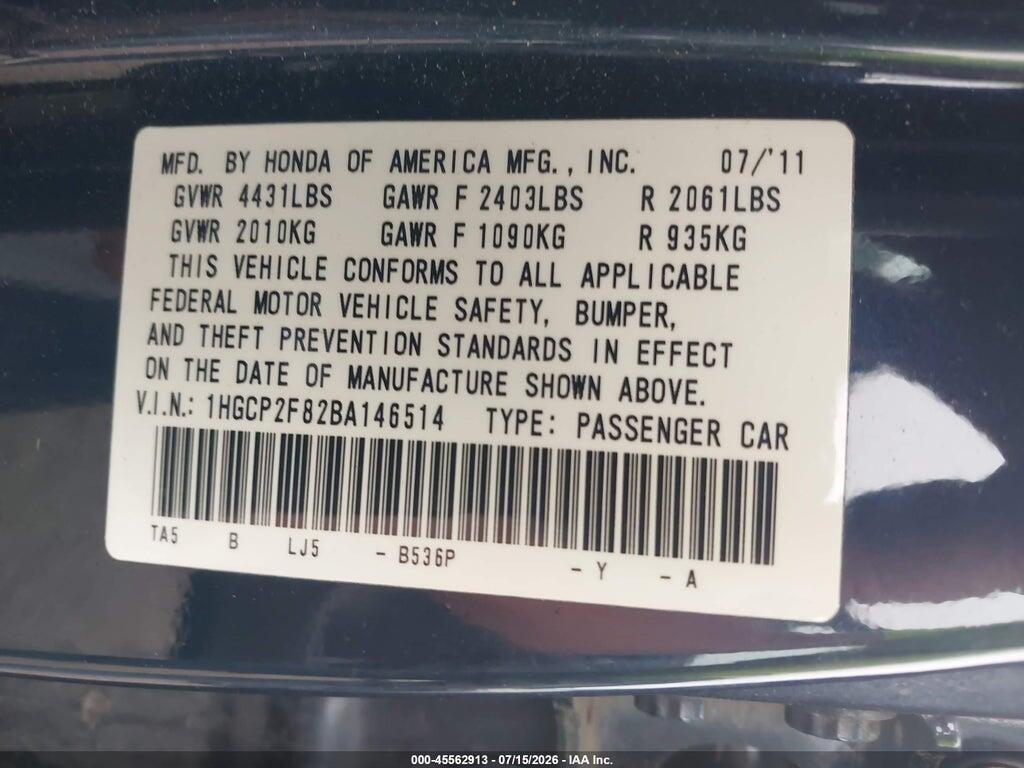 1HGCP2F82BA146514 2011 HONDA ACCORD photo no. 9