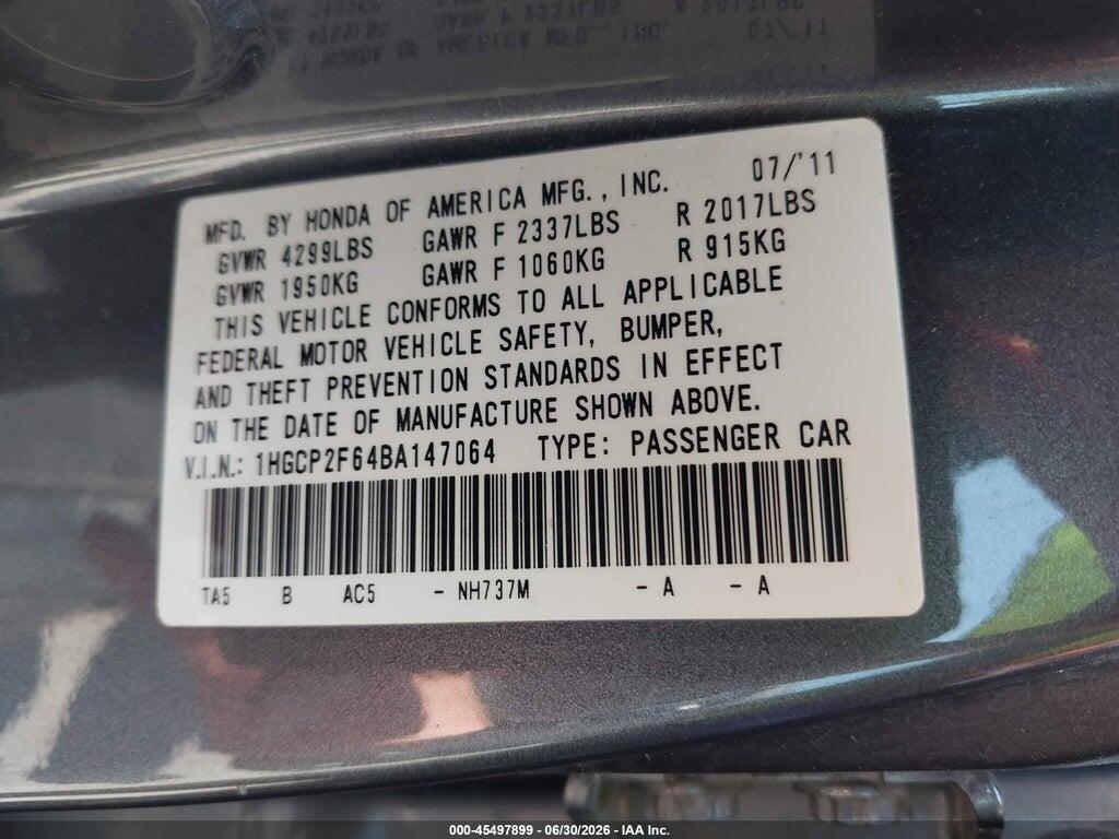1HGCP2F64BA147064 2011 HONDA ACCORD photo no. 9