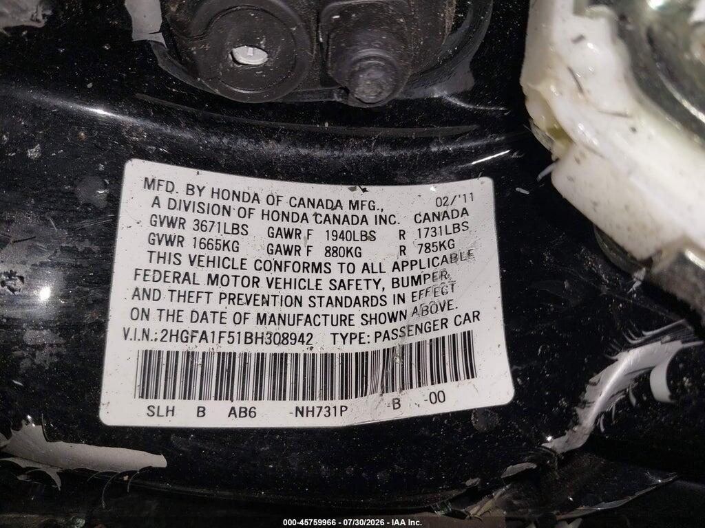 2HGFA1F51BH308942 2011 HONDA CIVIC photo no. 9
