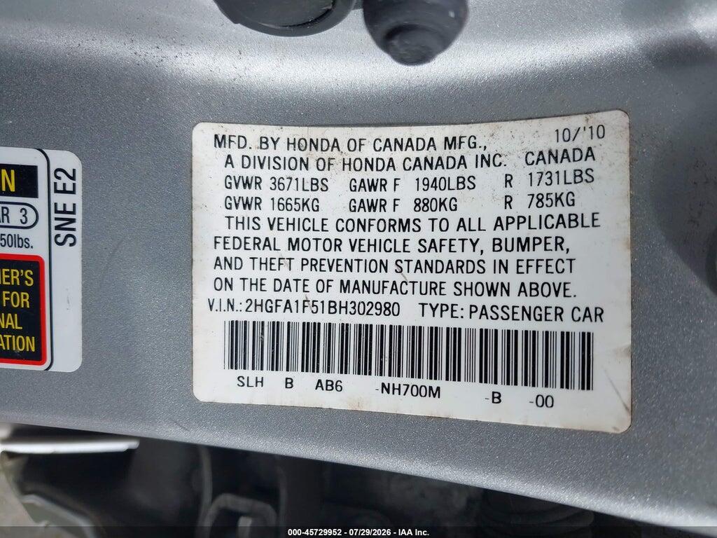 2HGFA1F51BH302980 2011 HONDA CIVIC photo no. 9