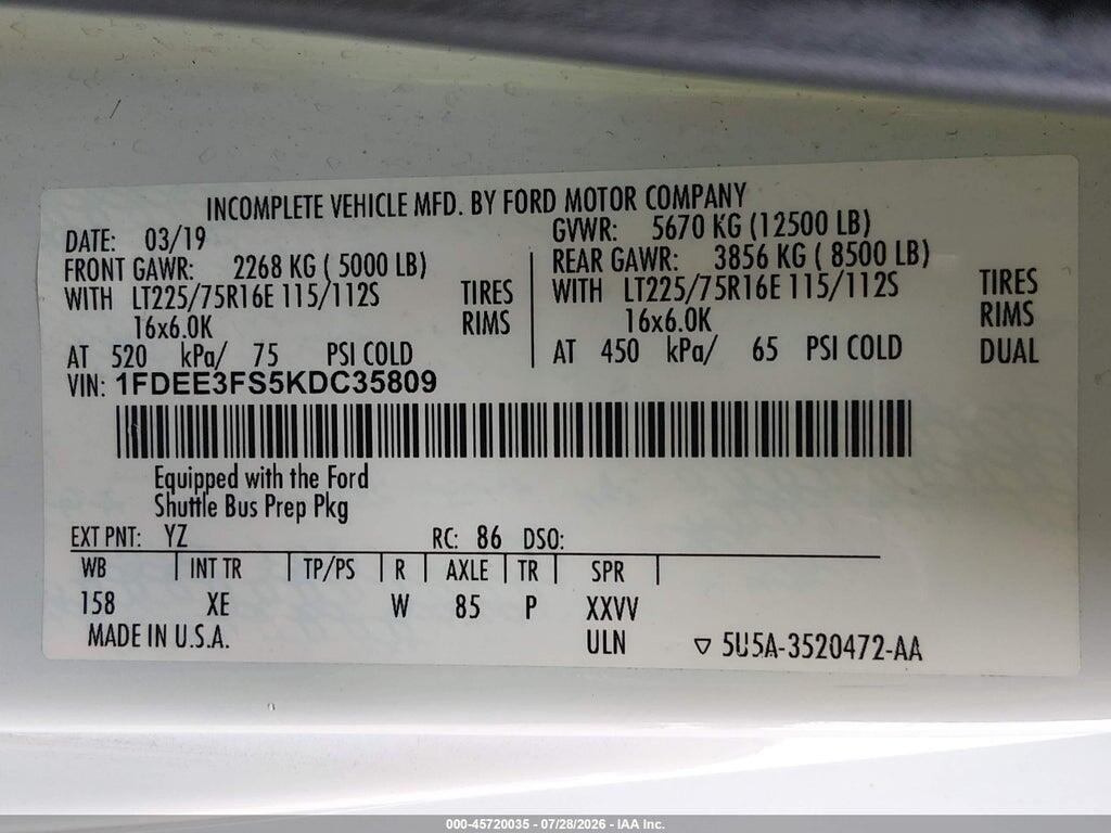 1FDEE3FS5KDC35809 2019 FORD E-350 CUTAWAY photo no. 8