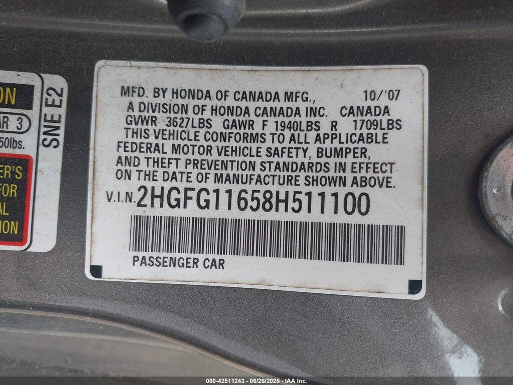 2HGFG11658H511100 2008 HONDA CIVIC photo no. 9