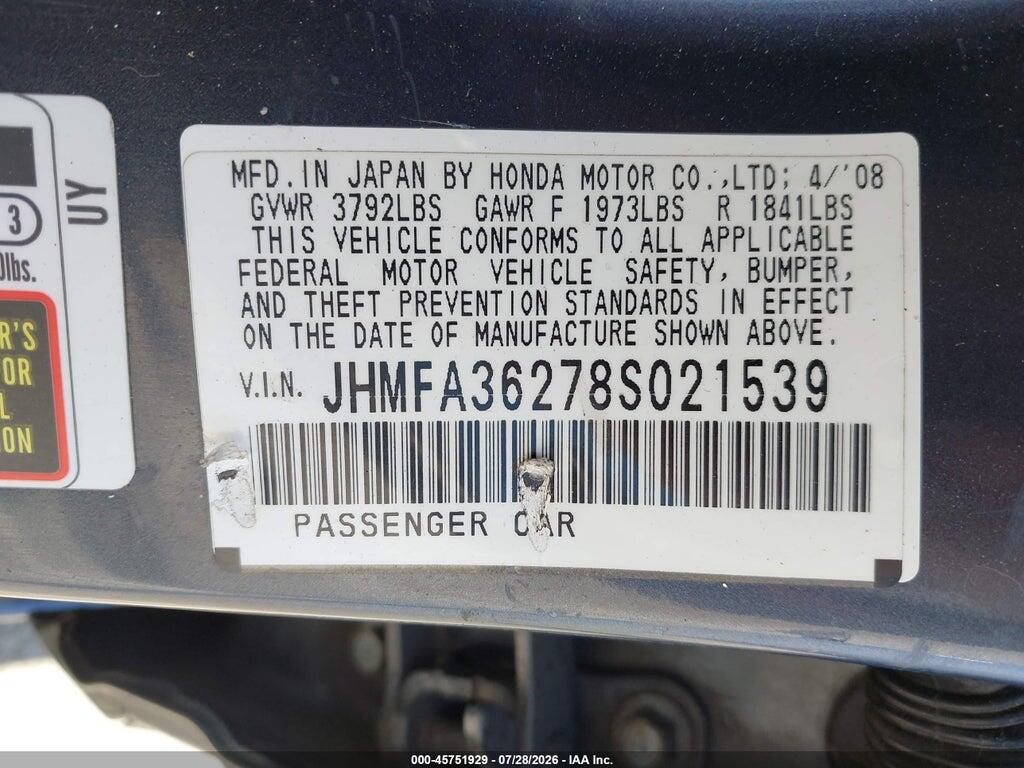 JHMFA36278S021539 2008 HONDA CIVIC HYBRID photo no. 9