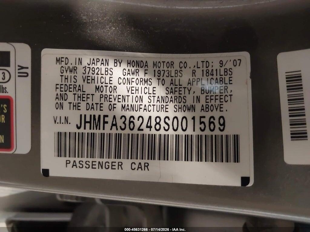 JHMFA36248S001569 2008 HONDA CIVIC HYBRID photo no. 9