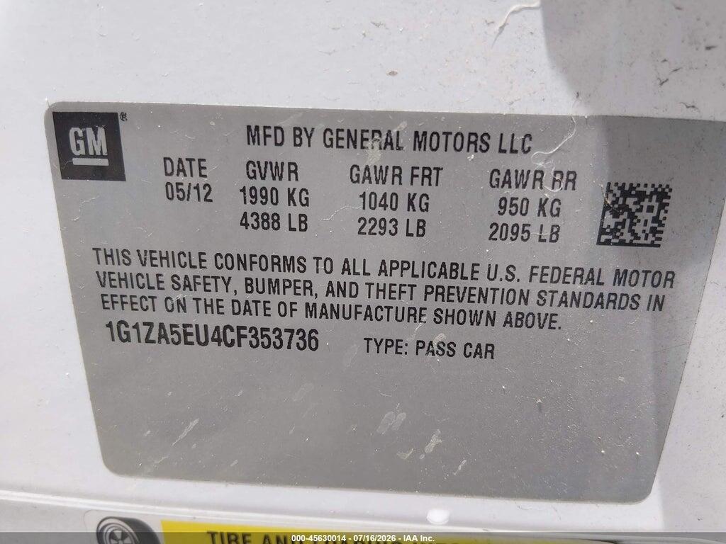 1G1ZA5EU4CF353736 2012 CHEVROLET MALIBU photo no. 9