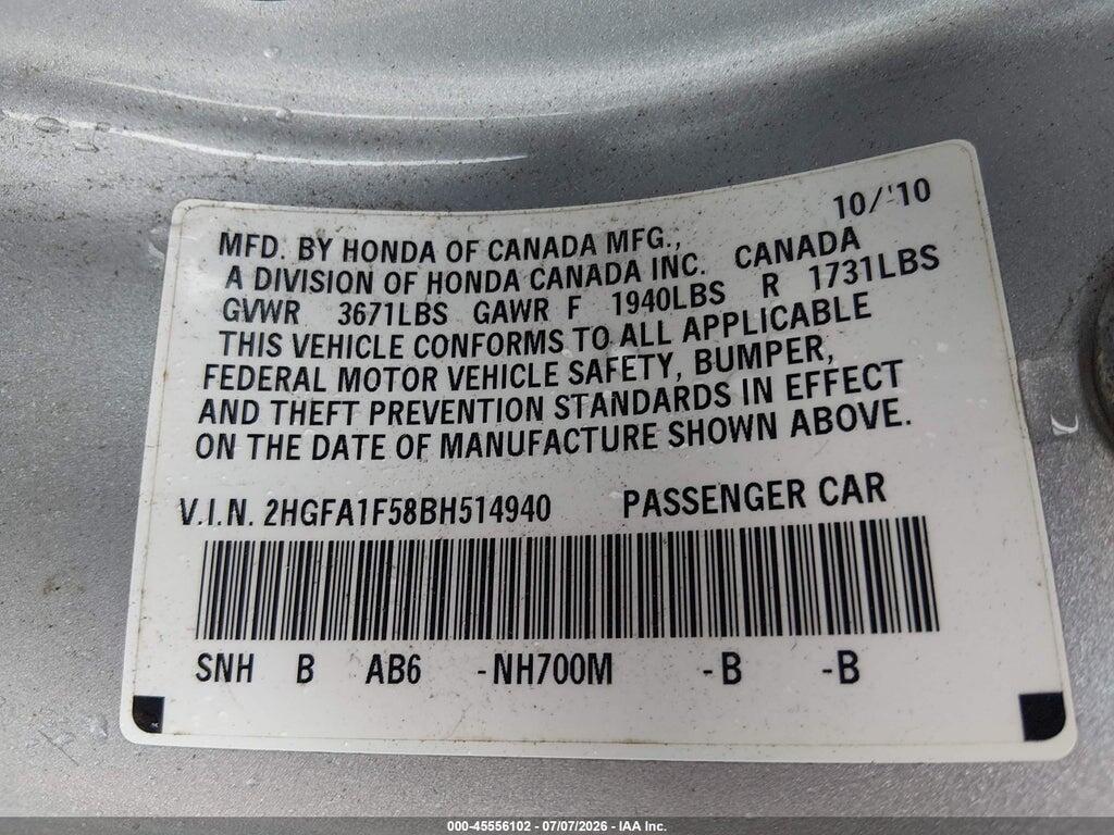 2HGFA1F58BH514940 2011 HONDA CIVIC photo no. 9