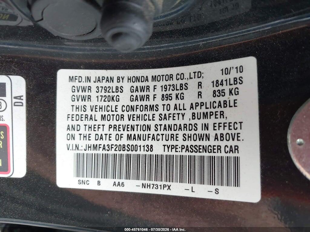 JHMFA3F20BS001138 2011 HONDA CIVIC HYBRID photo no. 9