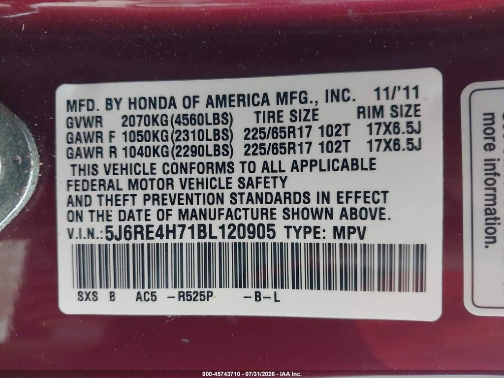5J6RE4H71BL120905 2011 HONDA CR-V photo no. 9