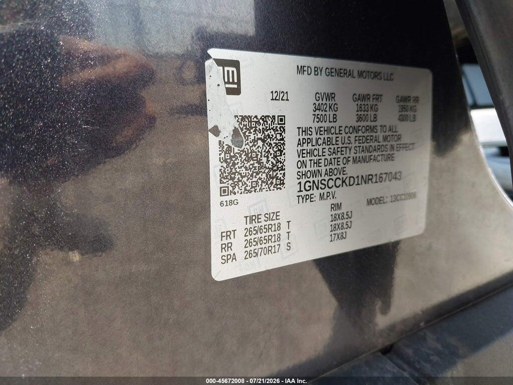 1GNSCCKD1NR167043 2022 CHEVROLET SUBURBAN photo no. 9