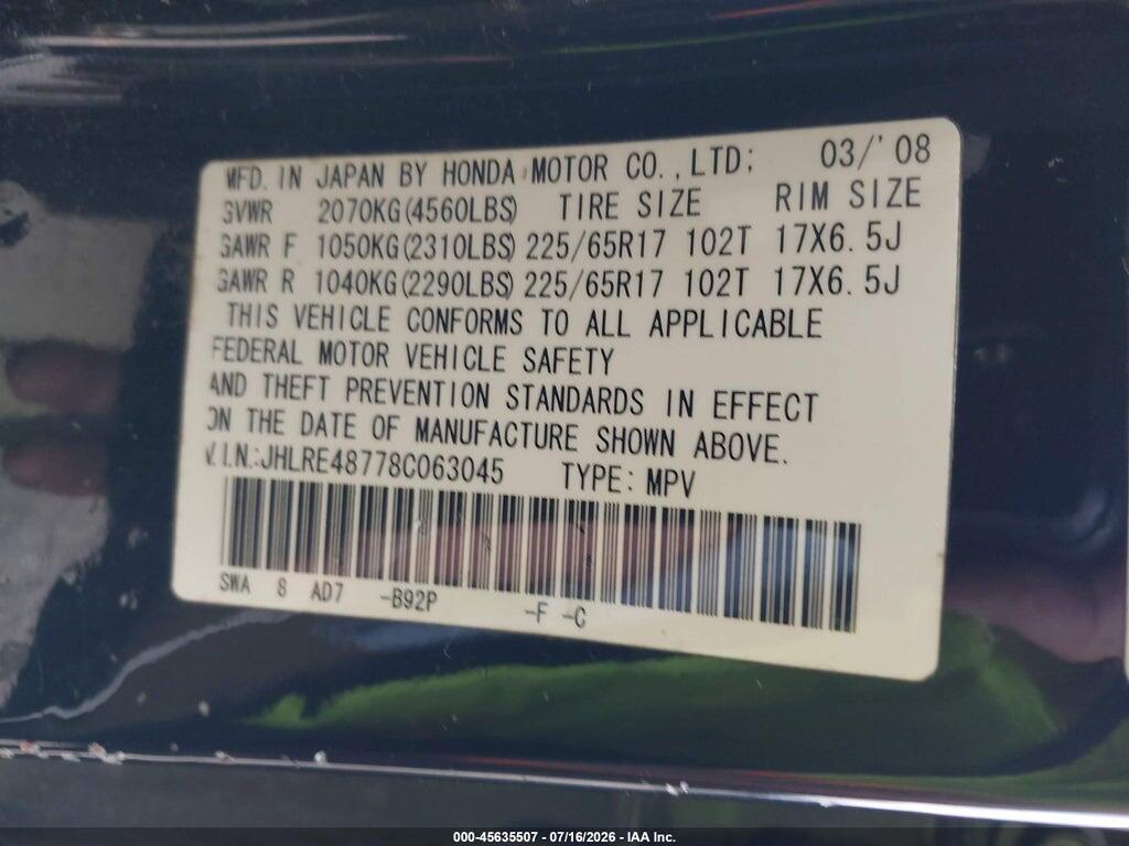 JHLRE48778C063045 2008 HONDA CR-V photo no. 9