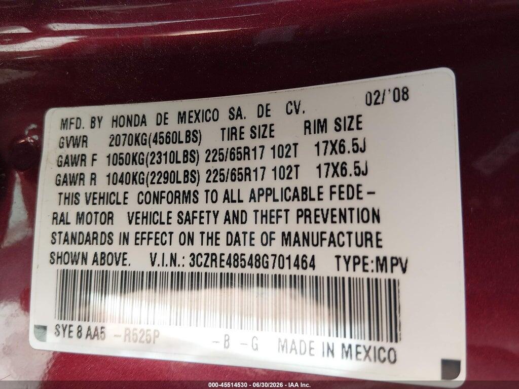 3CZRE48548G701464 2008 HONDA CR-V photo no. 9