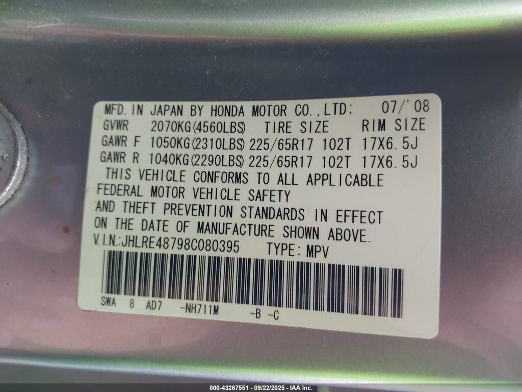 JHLRE48798C080395 2008 HONDA CR-V photo no. 9