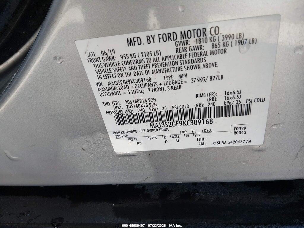 MAJ3S2GE9KC309168 2019 FORD ECOSPORT photo no. 9