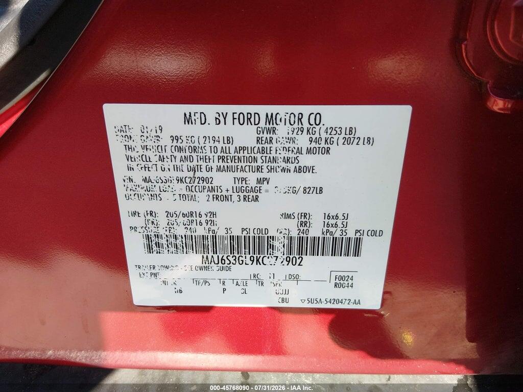 MAJ6S3GL9KC272902 2019 FORD ECOSPORT photo no. 9