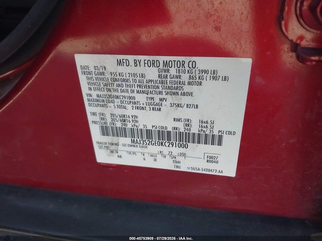 MAJ3S2GE0KC291000 2019 FORD ECOSPORT photo no. 9