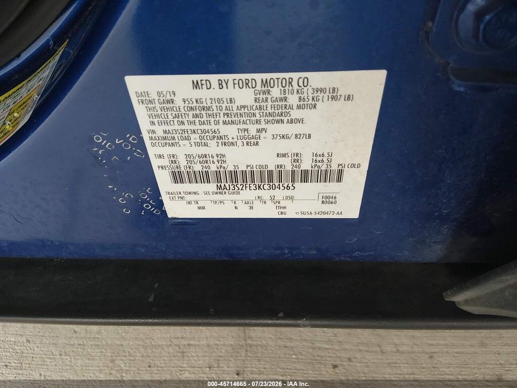 MAJ3S2FE3KC304565 2019 FORD ECOSPORT photo no. 9
