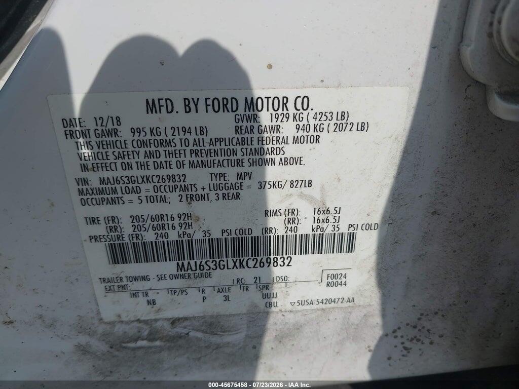 MAJ6S3GLXKC269832 2019 FORD ECOSPORT photo no. 9