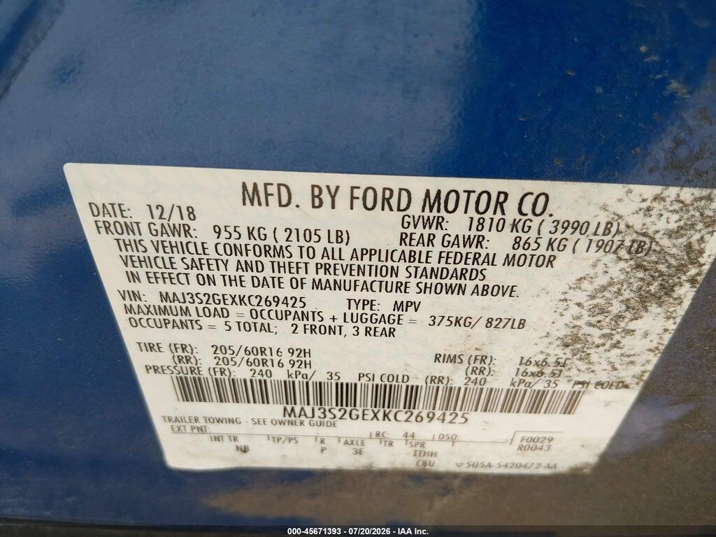 MAJ3S2GEXKC269425 2019 FORD ECOSPORT photo no. 9