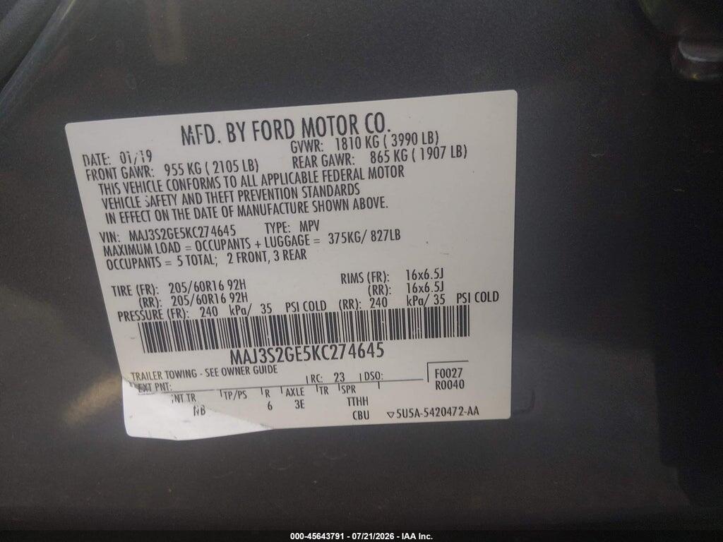 MAJ3S2GE5KC274645 2019 FORD ECOSPORT photo no. 9