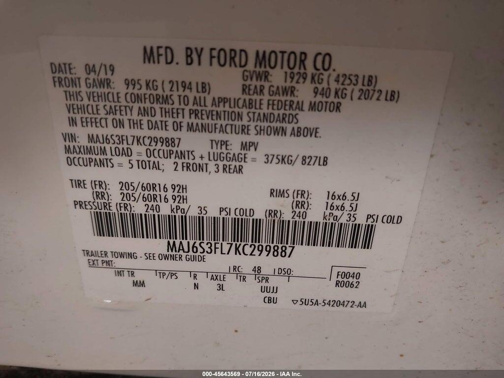 MAJ6S3FL7KC299887 2019 FORD ECOSPORT photo no. 9
