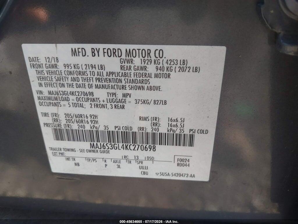 MAJ6S3GL4KC270698 2019 FORD ECOSPORT photo no. 9