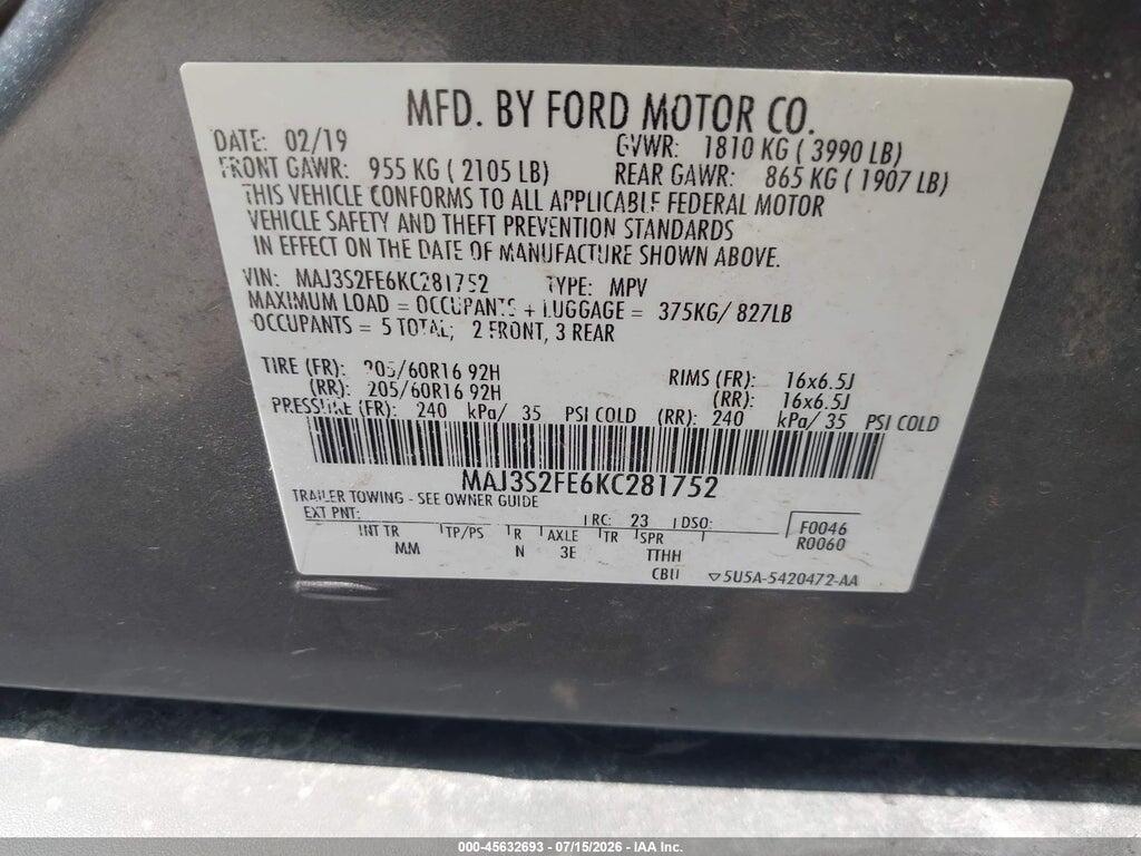 MAJ3S2FE6KC281752 2019 FORD ECOSPORT photo no. 9