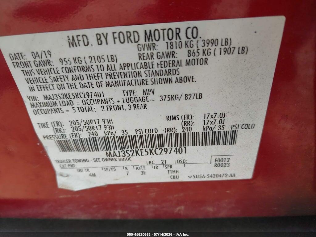 MAJ3S2KE5KC297401 2019 FORD ECOSPORT photo no. 9