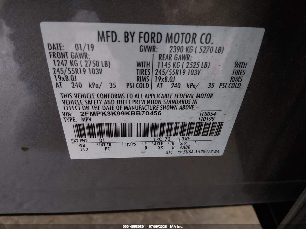 2FMPK3K99KBB70456 2019 FORD EDGE photo no. 9
