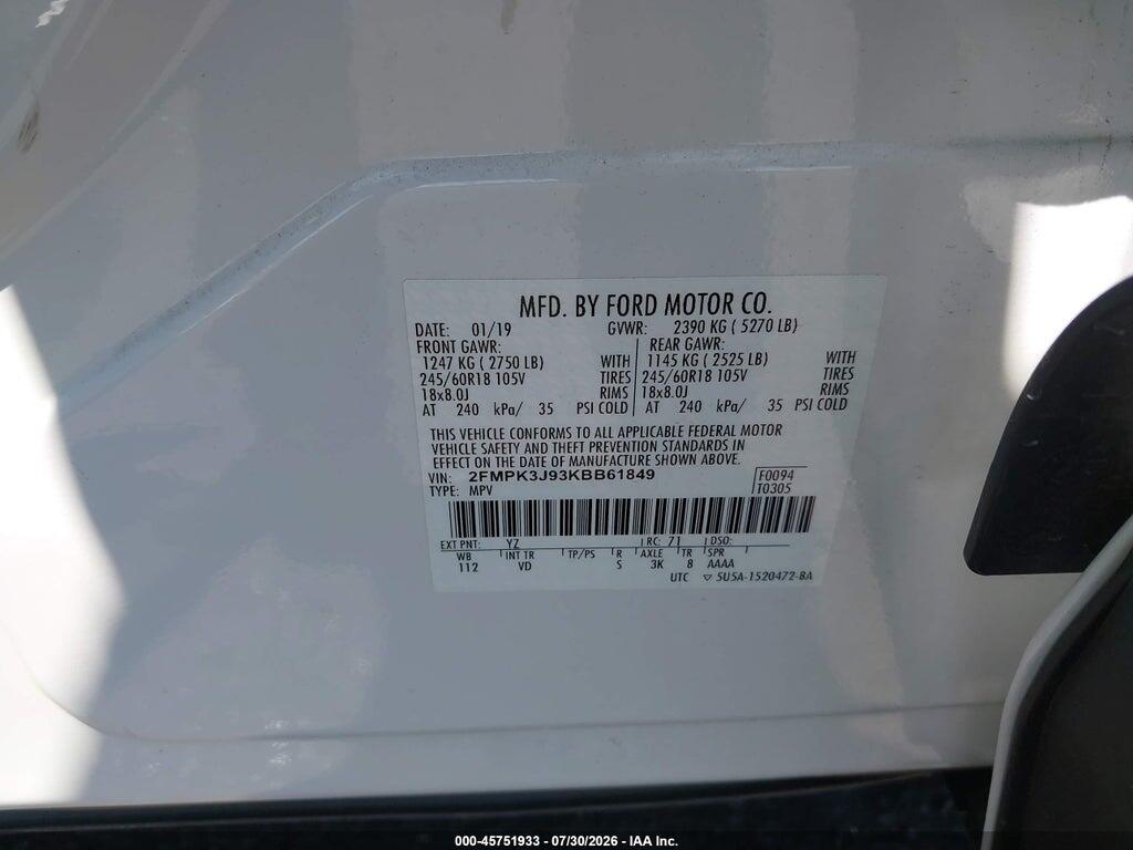 2FMPK3J93KBB61849 2019 FORD EDGE photo no. 9