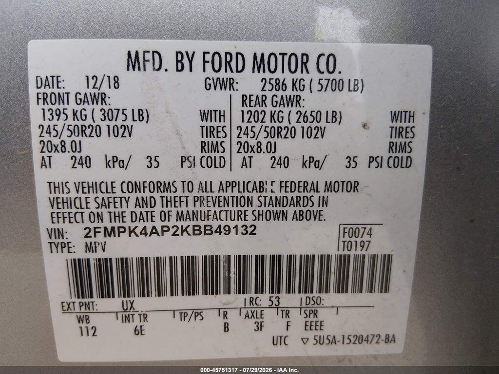 2FMPK4AP2KBB49132 2019 FORD EDGE photo no. 9